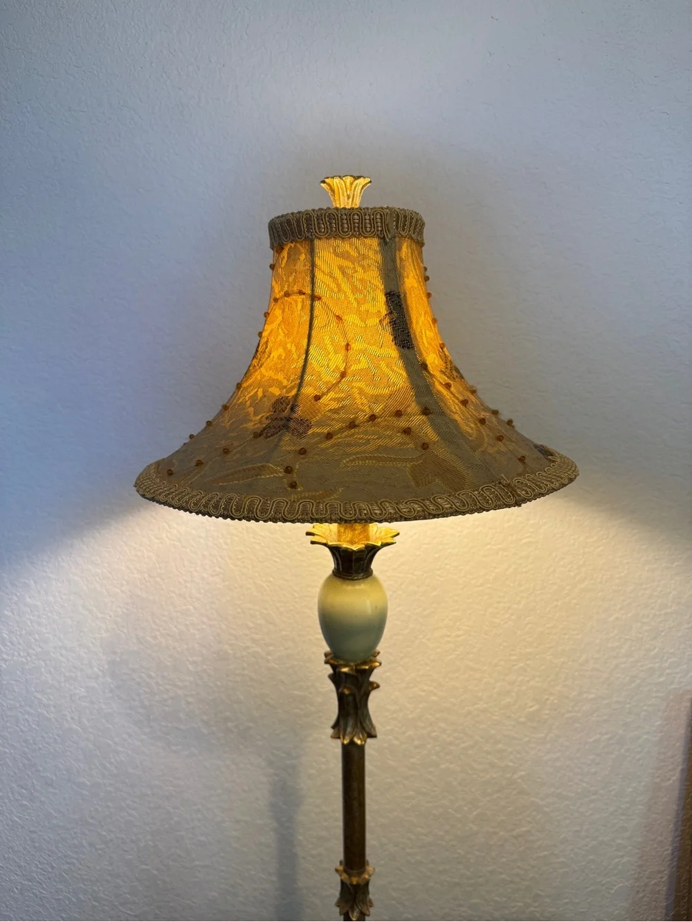 Vintage Bell lamp shade featuring an ornate design golden lace fabric beaded